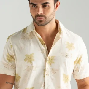 CAMISA LINHO MISTO ESTAMPADO BEGE