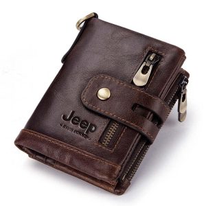 Carteira Jeep Em Couro Genuíno Rfid Com Zíperes