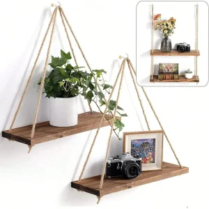 Prateleiras Suspensas de Madeira com Corda Cânhamo | Decoração BioStore