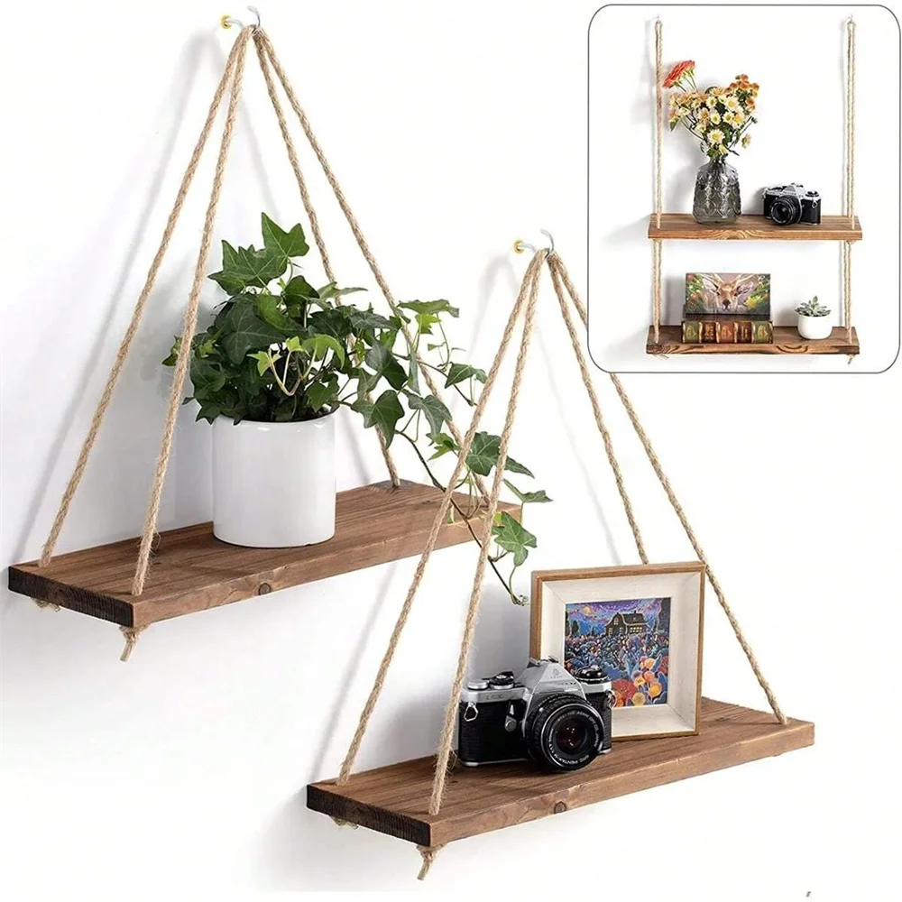 Prateleiras Suspensas de Madeira com Corda Cânhamo | Decoração BioStore
