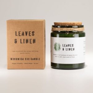 Vela de Soja Leaves & Linen Woodwick – Aroma Relaxante