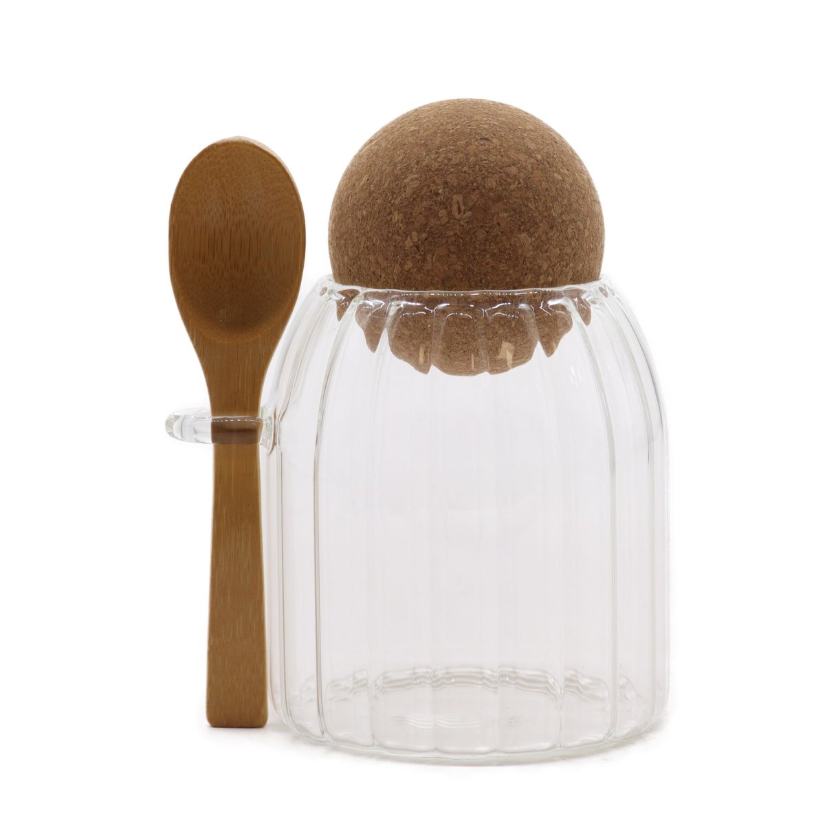 Frasco Vidro Canelado Bambu 10cm com Colher – Arrumação Elegante